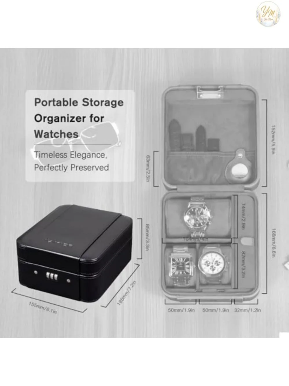 Leather Watch Travel Case with Combination Lock - 4 Slot Storage Box for Men,